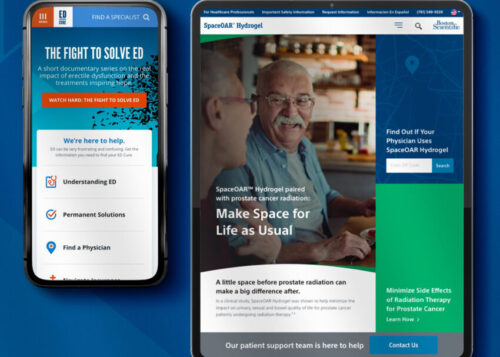Two mobile devices displaying a website about prostate cancer treatment options and patient support resources.
